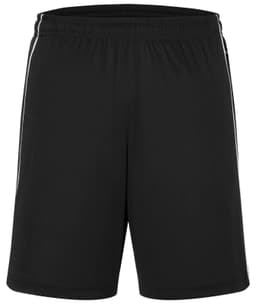 Black sports shorts featuring two side stripes and an elastic waistband, with a brand logo on the front.