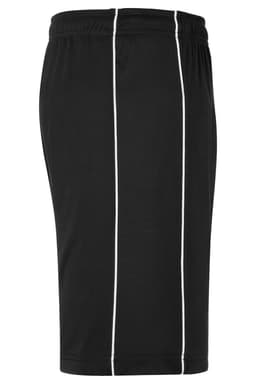 Black sports shorts featuring white side stripes and an elastic waistband, with a logo on the waistband.