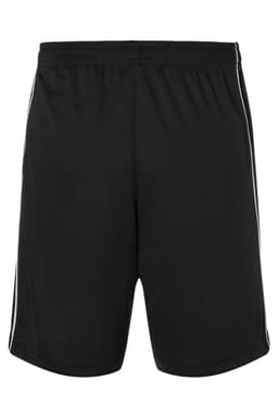 Black sports shorts with an elastic waistband and side stripes. Includes a logo on the front.
