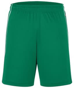 Green sports shorts featuring an elastic waistband and side stripes. Includes a logo on the front.