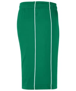 Green sports shorts featuring white side stripes and an elastic waistband, with a logo on the front.