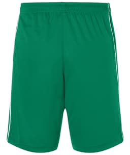 A pair of green sports shorts featuring a simple design and stripes along the sides, with an elastic waistband.