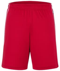 Red sports shorts with an elastic waistband and a logo on the side. Ideal for team wear or casual sports activities.