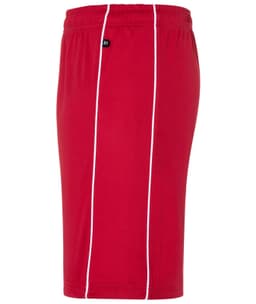 Red sports shorts with white piping, featuring an elastic waistband and a logo.