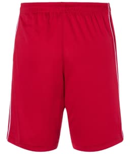 Red sports shorts with a stretchy waistband and white side stripes. The shorts feature a logo on one side.