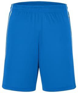 Bright blue sports shorts with an elastic waistband and contrasting stripes on the sides, featuring a logo.