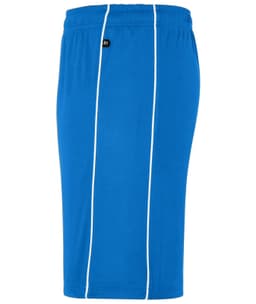 A pair of blue sports shorts featuring white piping and an elastic waistband, with a small logo.