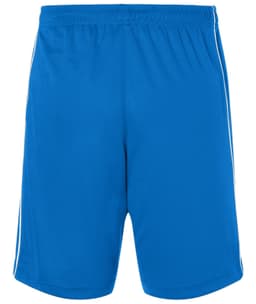 Blue sports shorts with a straight cut and side stripes, featuring an elastic waistband and branding logo.