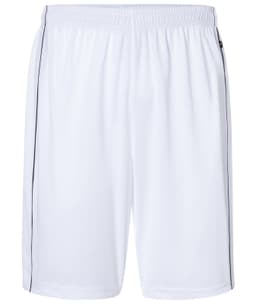A pair of white sports shorts with a black outline and an elastic waistband. Features a logo on the side.