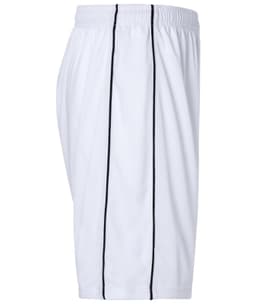 White sports shorts with black side stripes and an elastic waistband. Features a logo.