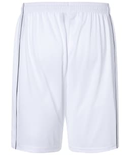 White sports shorts featuring a black side stripe and an elastic waistband, designed for team activities.