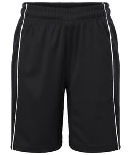 Black sports shorts with white side stripes and an elastic waistband. Features a small logo.