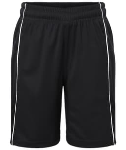 Black sports shorts with white trim and an elastic waistband, featuring a logo on the side.