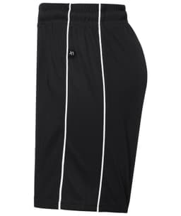 Black sports shorts with white accents and an elastic waistband, featuring a small logo. Ideal for activewear.