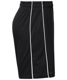 Black sports shorts with white stripes, featuring an elastic waistband and a logo. Ideal for active wear.