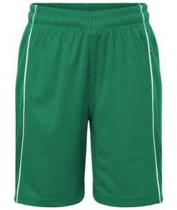 Green sports shorts with white piping and an elastic waistband, featuring a logo on the side.