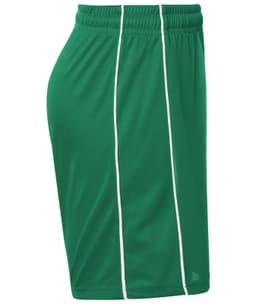 Green sports shorts with white stripes, featuring an elastic waistband and a logo. Suitable for athletic activities.