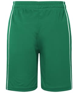 Green sports shorts with white side stripes and an elastic waistband, featuring a logo on the front.