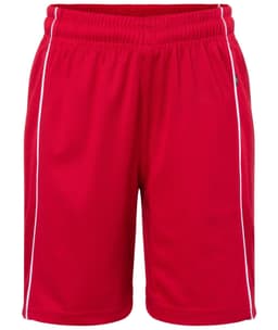 Red sports shorts with an elastic waistband and white trim, featuring a logo on one side.