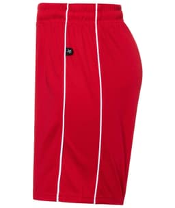 Red sports shorts featuring white stripes and an attached logo. Suitable for junior wear.