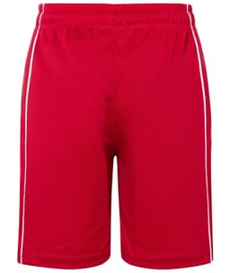 Red sports shorts featuring white side stripes and an elastic waistband. Includes a logo.