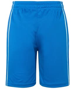 Bright blue sports shorts with white side stripes and an elastic waistband. Features a logo at the front.