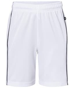 A pair of white sports shorts with black side stripes and a small logo. Suitable for junior sizes.