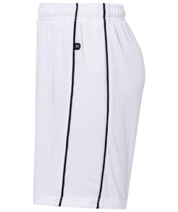 White sports shorts with black side stripes and an elastic waistband, featuring a logo on the front.