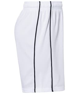 Sport shorts in white, featuring black side stripes and an elastic waistband. Includes a logo.