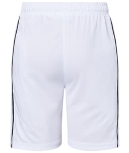 White sports shorts featuring black side stripes and an elastic waistband. Includes a logo on the back.