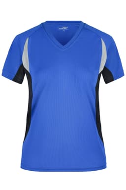 A blue ladies' running T-shirt with grey and black accents, featuring a V-neck and short sleeves, has a logo.