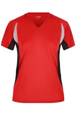A red ladies running T-shirt with black and grey accents. Features a V-neck and short sleeves, and has a logo.