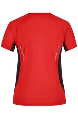 A red ladies running T-shirt featuring black side panels and a logo on the back.