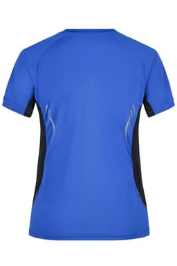 A blue and black ladies' running T-shirt featuring a fitted design and short sleeves, with a logo on the back.