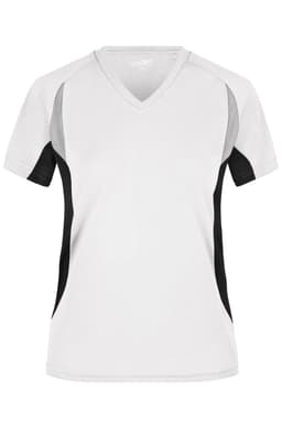A ladies' running T-shirt in white with grey and black side panels and a V-neck design. Features a logo.