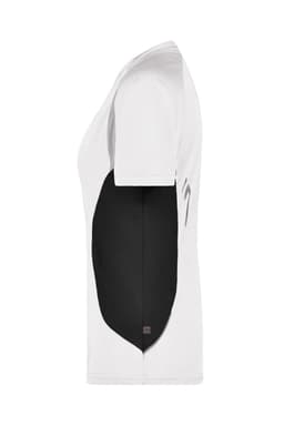 A white T-shirt with black side panels and short sleeves. It features a logo on one side.