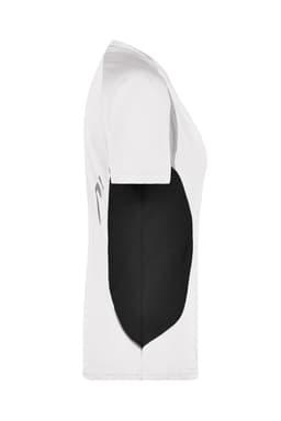 A white ladies' running T-shirt with black panel detailing on the side. The shirt features a logo.