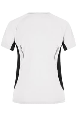 A women's T-shirt in white with black side panels and a logo. Features short sleeves and a sporty design.