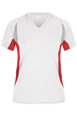 A white v-neck t-shirt with red and grey accents, featuring a logo on the front. Suitable for ladies running.