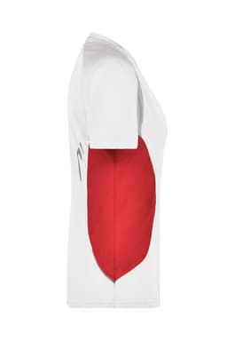 A white T-shirt with a red side panel and a logo on the front.