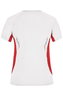 A ladies' running T-shirt in white with red accents and a logo, featuring a sporty design and short sleeves.