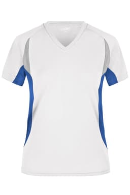 A white and blue women's running T-shirt with grey accents and a V-neck design. The shirt features a logo.
