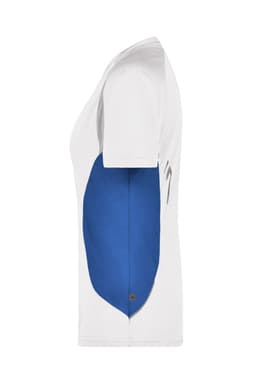 A white ladies T-shirt featuring blue side panels and a logo. The shirt has short sleeves and a casual fit.