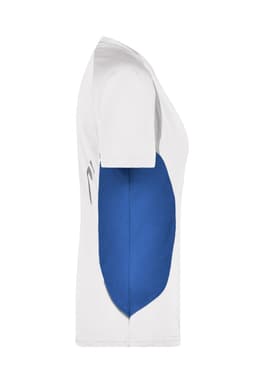 A white T-shirt with a blue side panel, featuring a logo on the front. Suitable for ladies running.
