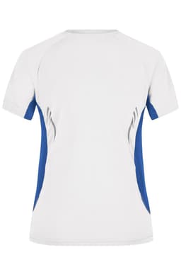 A women's short-sleeve running T-shirt in white and blue, featuring a side panel design. It has a logo on it.