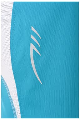A close-up of a turquoise T-shirt featuring a silver logo on the fabric. The shirt has a breathable texture.