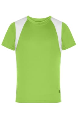 A green t-shirt with white shoulder panels, featuring a logo on the front.