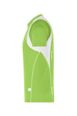 A bright green and white running t-shirt with short sleeves and a fitted design. It features a logo on the side.