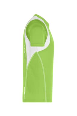 A vibrant green t-shirt with white accents, featuring a logo on the side and a sporty design.