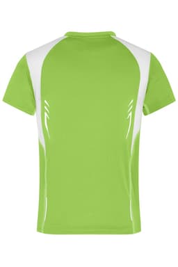 A green T-shirt with white accents, featuring a logo on the back.